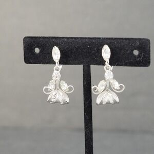 Lang Sterling Silver Screw Back Earrings Drop Bell Flower Rhinestone Vintage